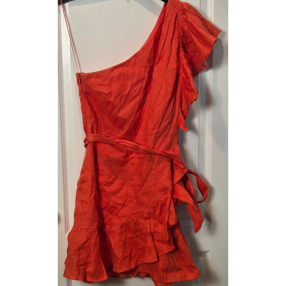 Banana Republic one shoulder ruffled linen dress sz 10 orange coral - Picture 2 of 7